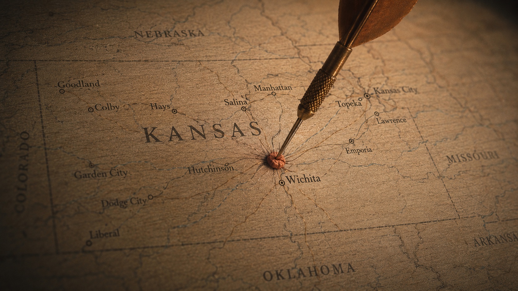 Vintage map of Kansas with a dart landing on Wichita